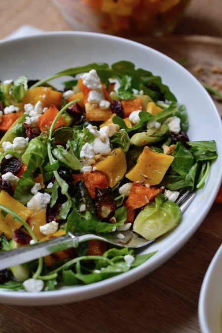 Butternut, Brussels, and Walnut Salad with Tangerine Dressing -Glory Kitchen